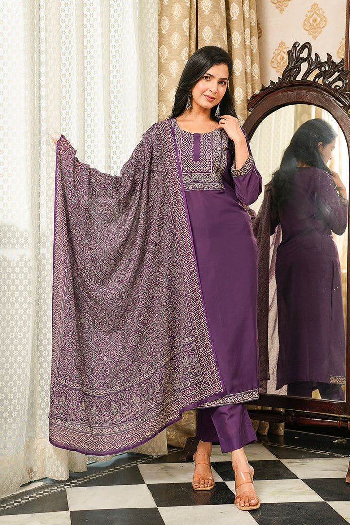 Purple Cotton Blend Ajrakh Printed Straight Kurta Trousers With Dupatta | SHOBITAM