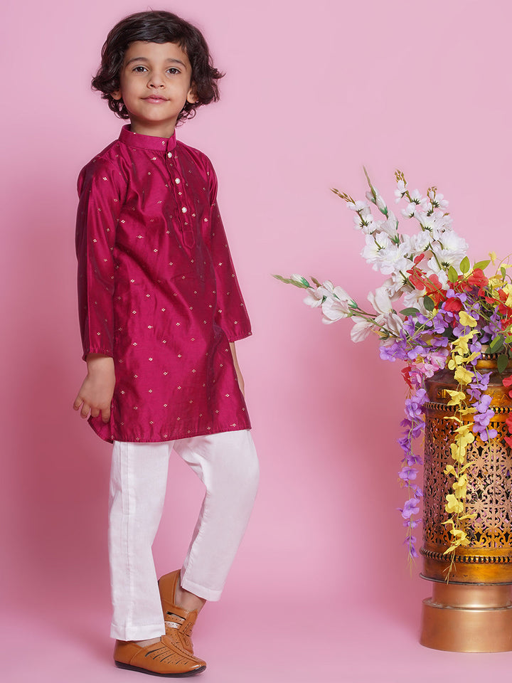 Cotton Silk Full Sleeves Zari Embroidered Kurta with Pyjama - Hot Pink | SHOBITAM