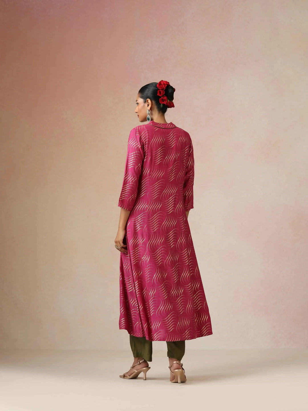 Pink Gold Foil Print Muslin Silk A-line Kurta Set | SHOBITAM