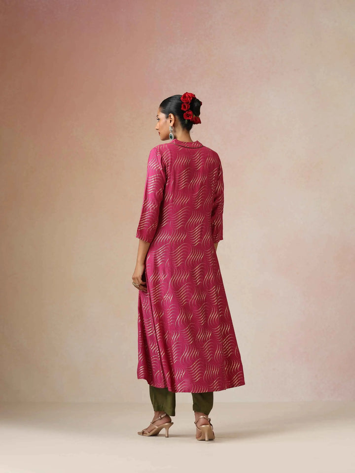 Pink Gold Foil Print Muslin Silk A-line Kurta Set | SHOBITAM