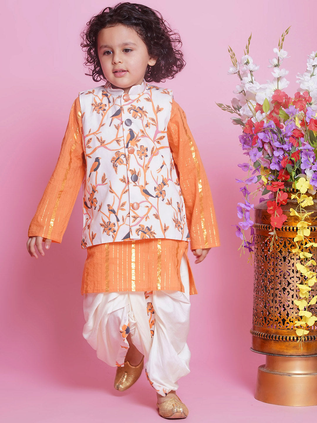 Cotton Sleevelees Floral Bird Thread Embrodiery Nehru Jacket with Striped Kurta and Dhoti - Orange and Cream | SHOBITAM