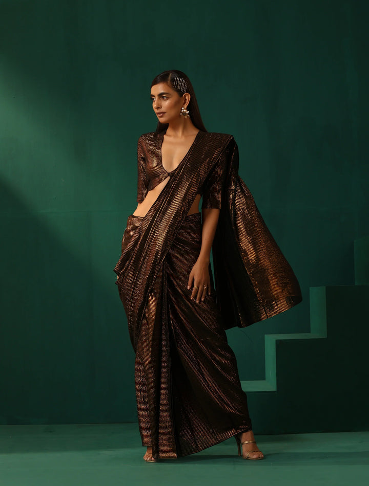 Black Cotton Gold Striped Saree With Unstitched Blouse | SHOBITAM