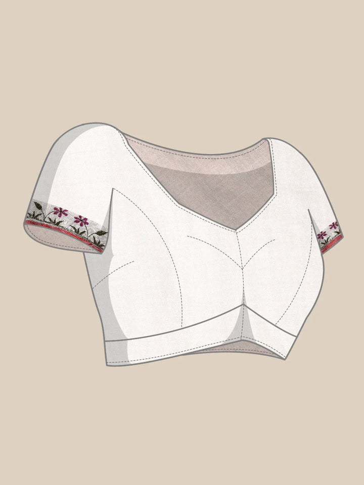 White Linen Kantha Saree with Minimal Border and Blouse piece