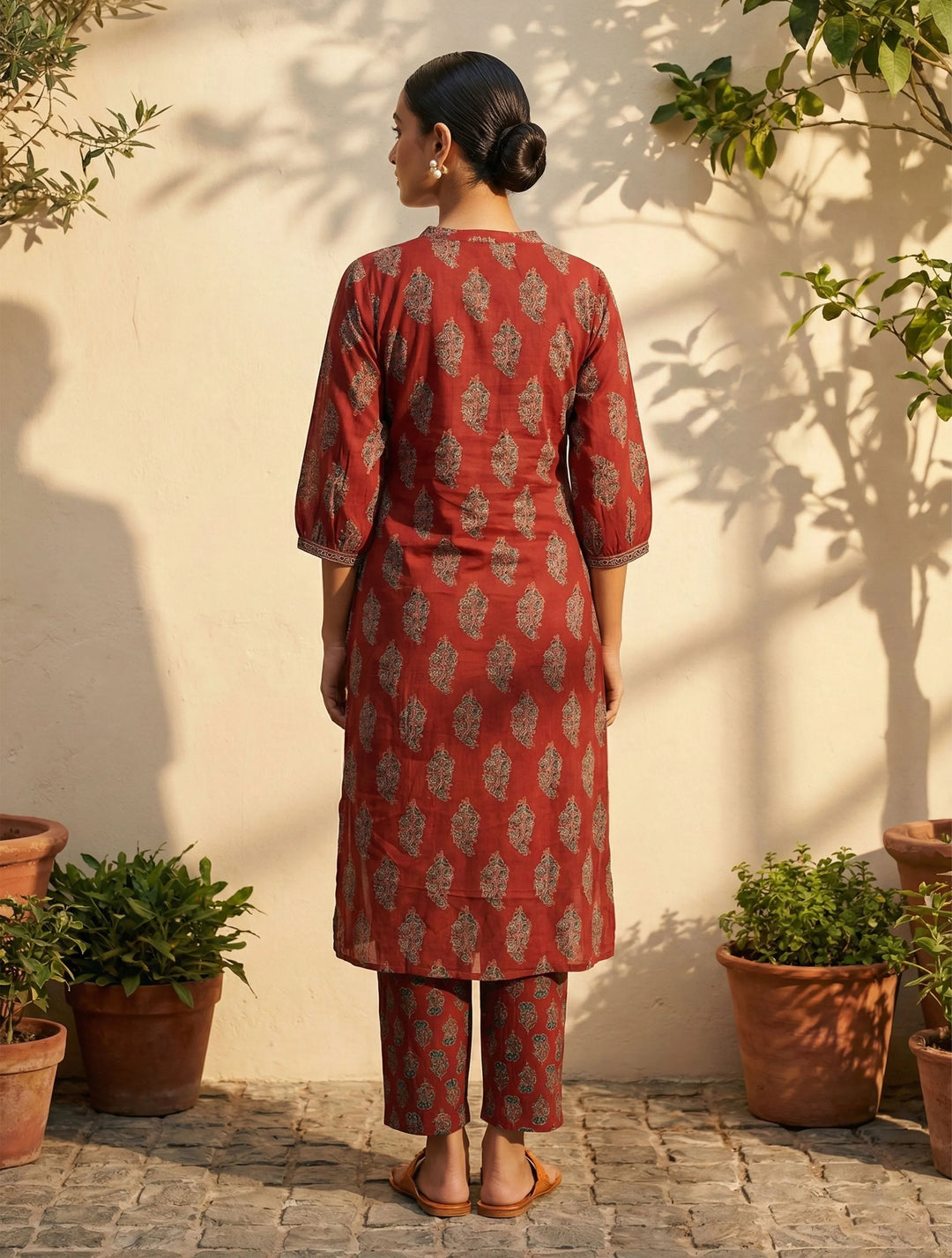 Rust Boota Print Angrakha Kurta Pant Dupatta Set | SHOBITAM