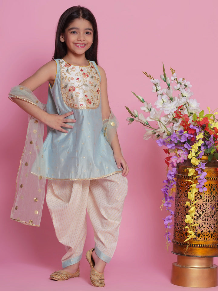Chanderi Silk Floral Kurta with Dhoti Salwar & Dupatta - Dolphin Blue | SHOBITAM