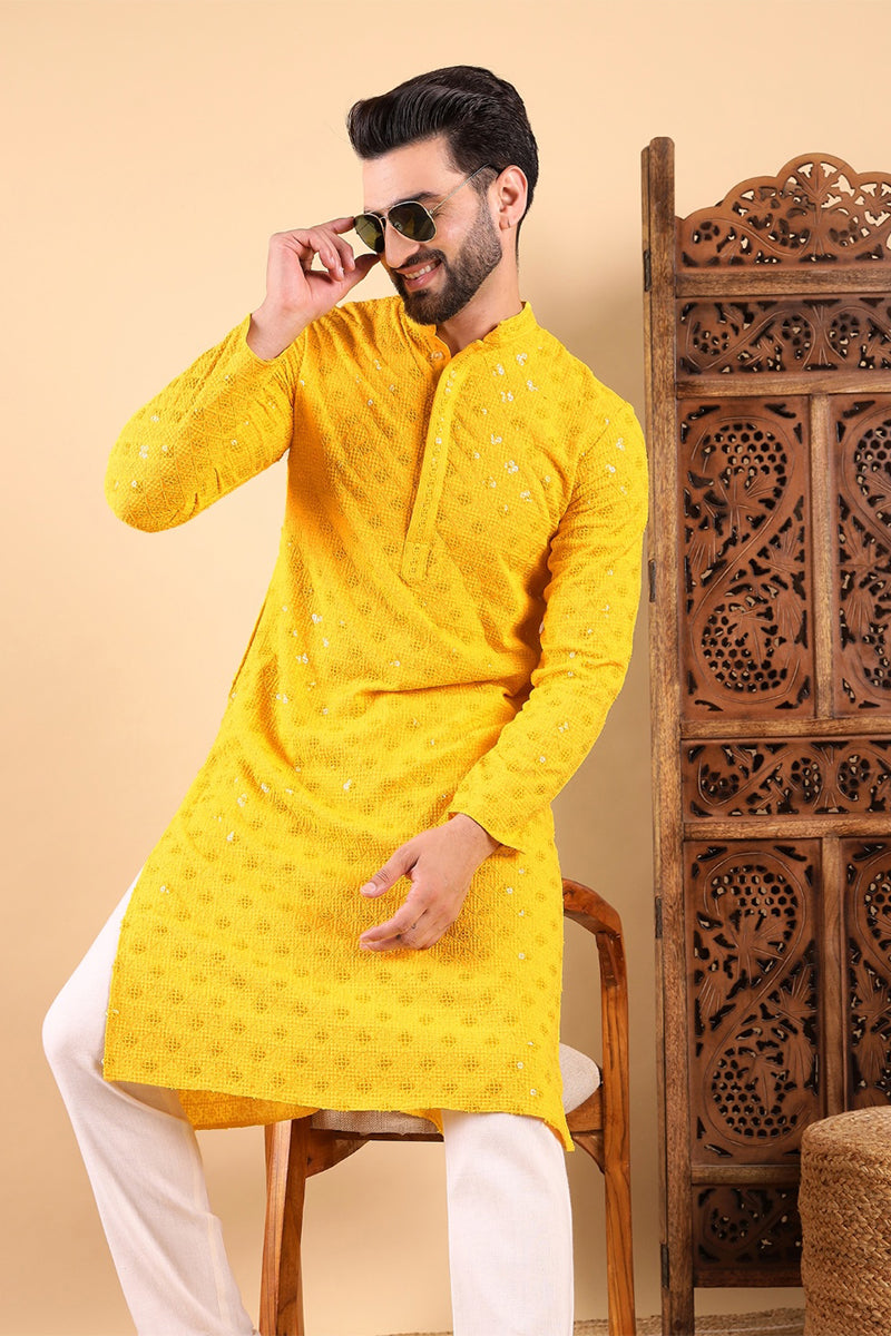 Yellow Viscose Rayon Solid Embroidered Straight Kurta with Trousers | SHOBITAM