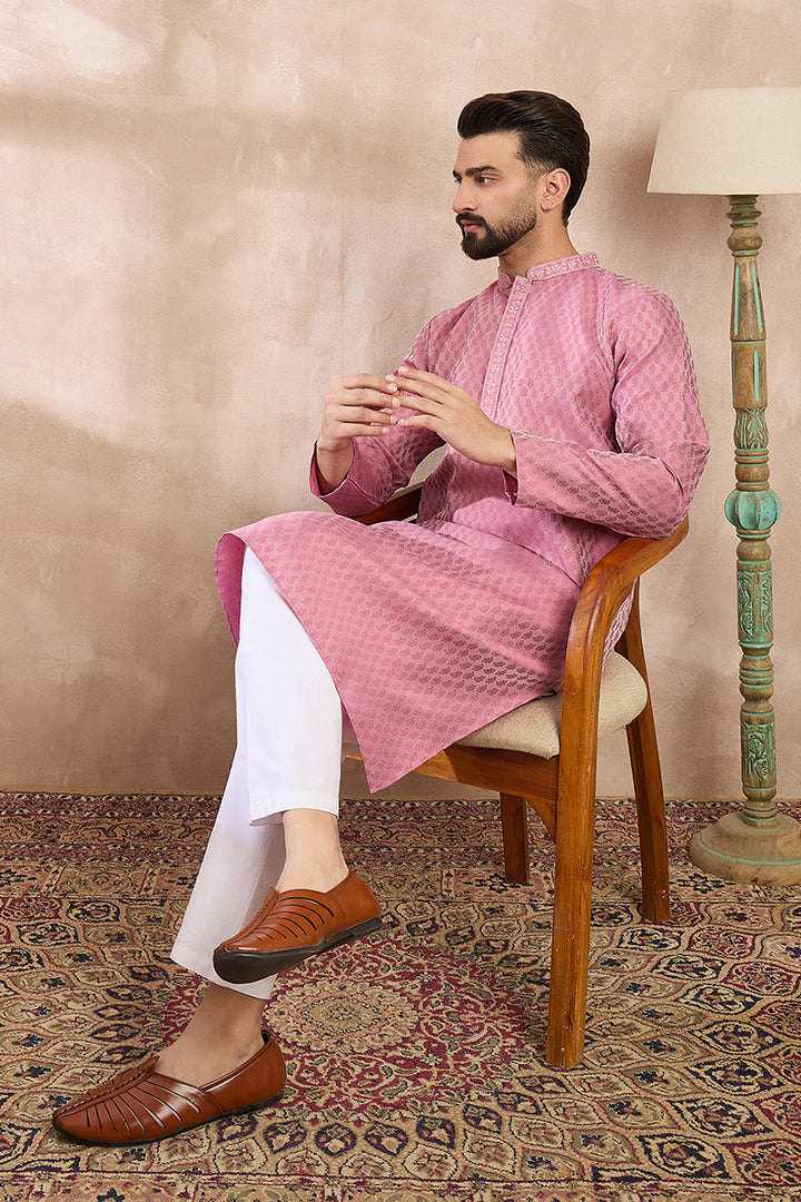 Pink Silk Blend Solid Woven Design Straight Kurta With Trouser | SHOBITAM