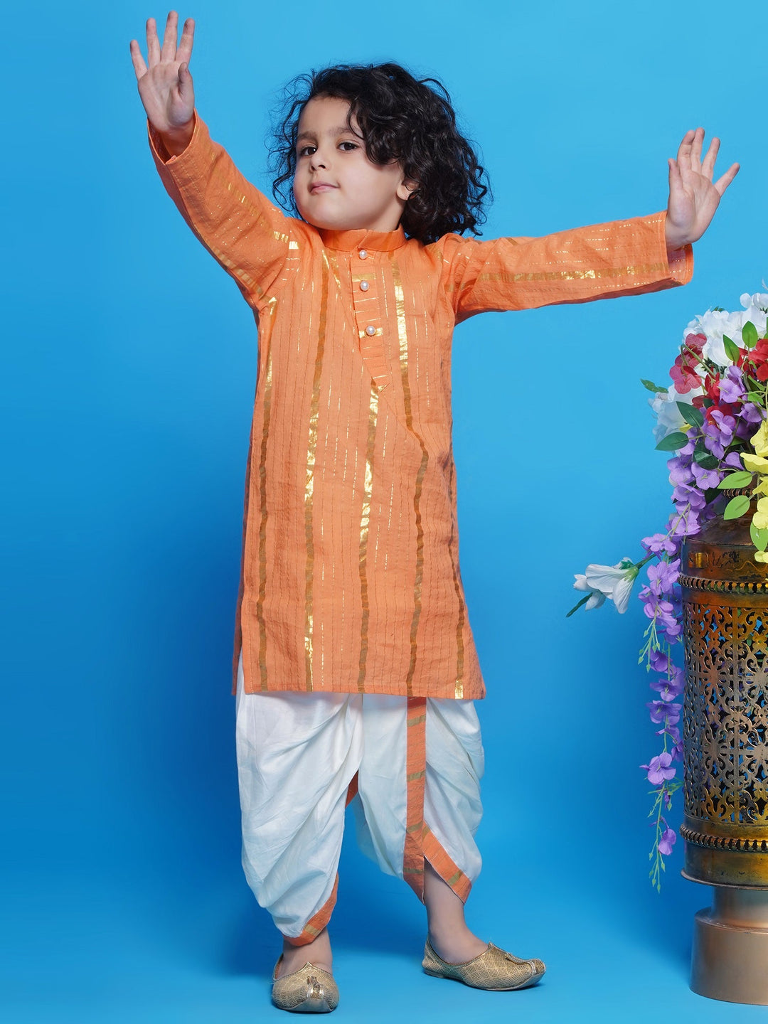 Narangi Kurta Dhoti with Golden Strips - Orange | SHOBITAM