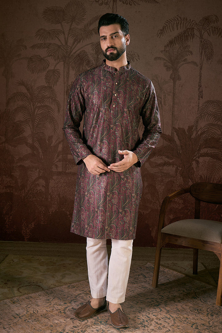 Purple Silk Blend Ethnic Motifs Printed Straight Kurta For Men | SHOBITAM