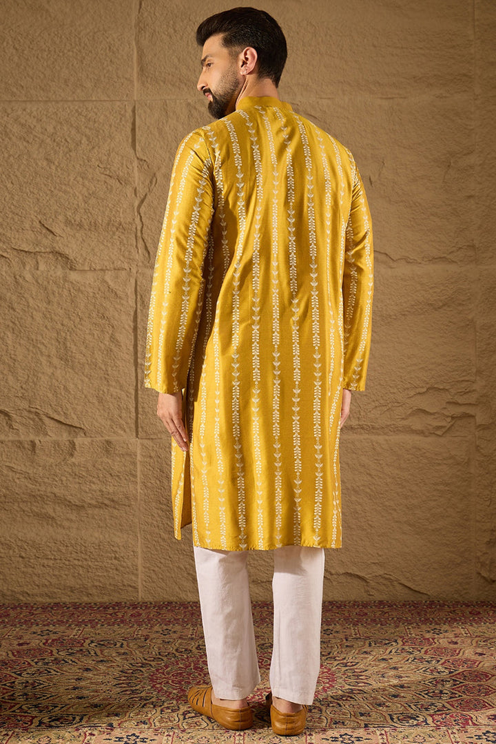 Yellow Viscose Rayon Ethnic Motifs Printed Straight Kurta with Trousers | Shobitam