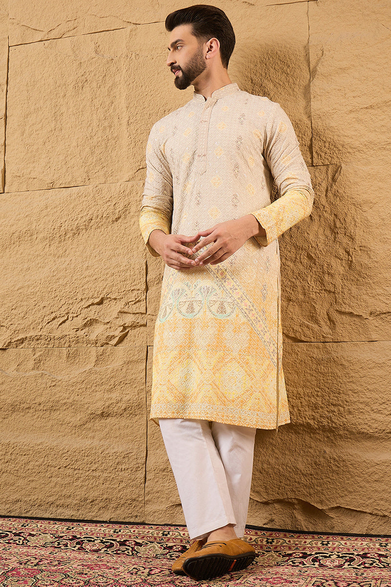 Yellow Viscose Rayon Ethnic Motifs Embroidered Straight Kurta with Trouser  | SHOBITAM