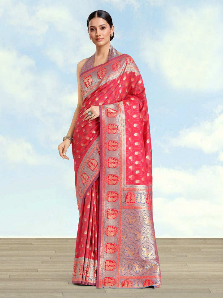 Pink Color Weaving Semi Banarasi Silk Saree| SHOBITAM