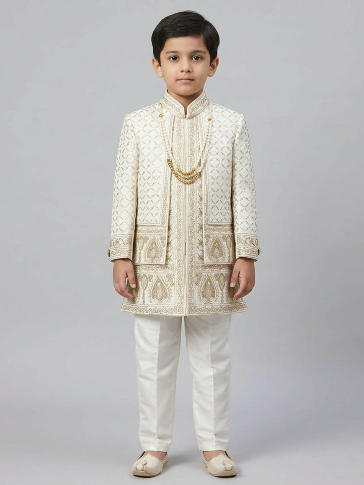 Boys Embroidered Off White Indo-Western Sherwani Set with Jacket | SHOBITAM