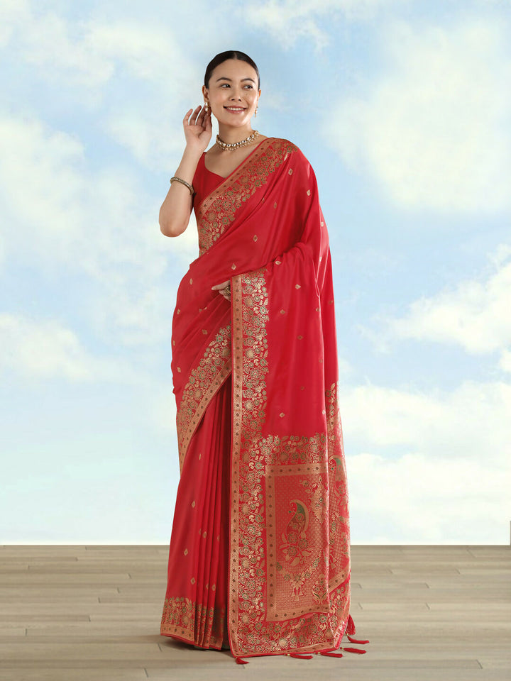Red Semi Banarasi Satin silk Saree With Zari Border And Butti Work  | SHOBITAM