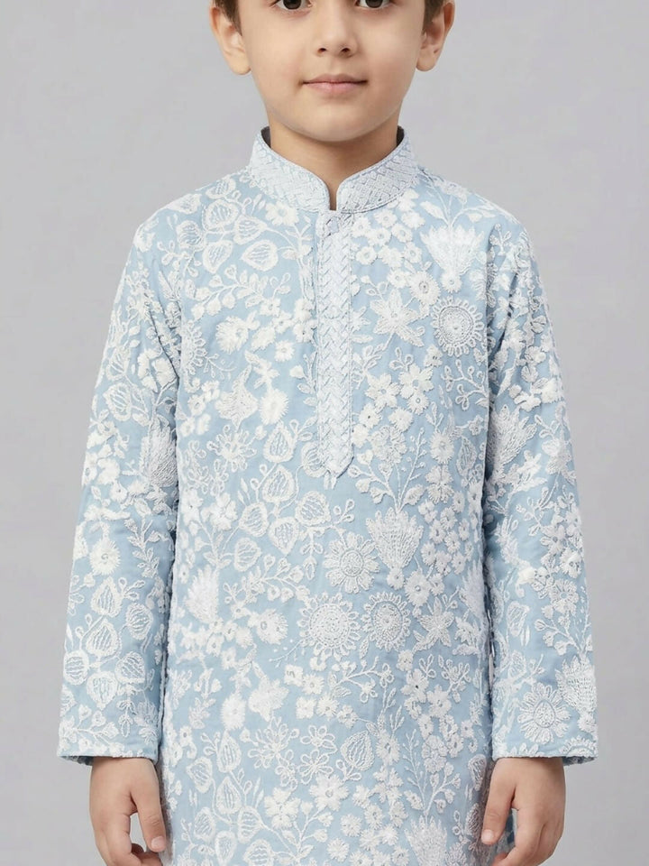 Boys Embroidered Blue Ethnic Wear Kurta Pajama Set | SHOBITAM