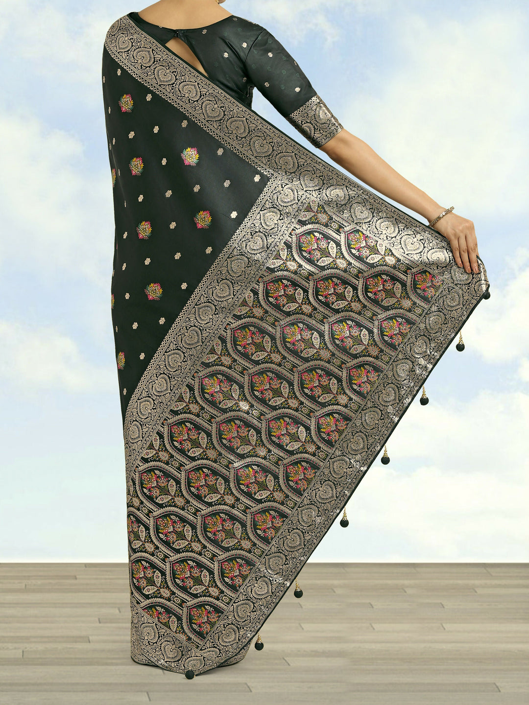 Dark Green Banarasi Zari Woven Satin Silk Saree | SHOBITAM