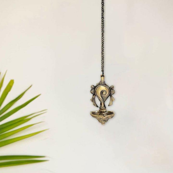 BRASS SHANKU HANGING LAMP WITH ANTIQUE FINISH 34*3*3 | SHOBITAM