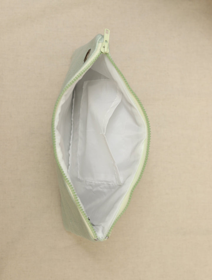 Mint Green hand embroidered Pure Linen Utility Pouch 12 by 8.5",Single Piece