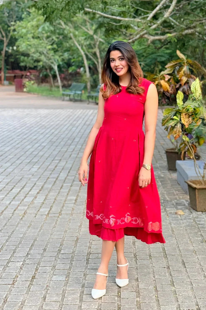 Radiance Red Layered Jamdani Dress | SHOBITAM