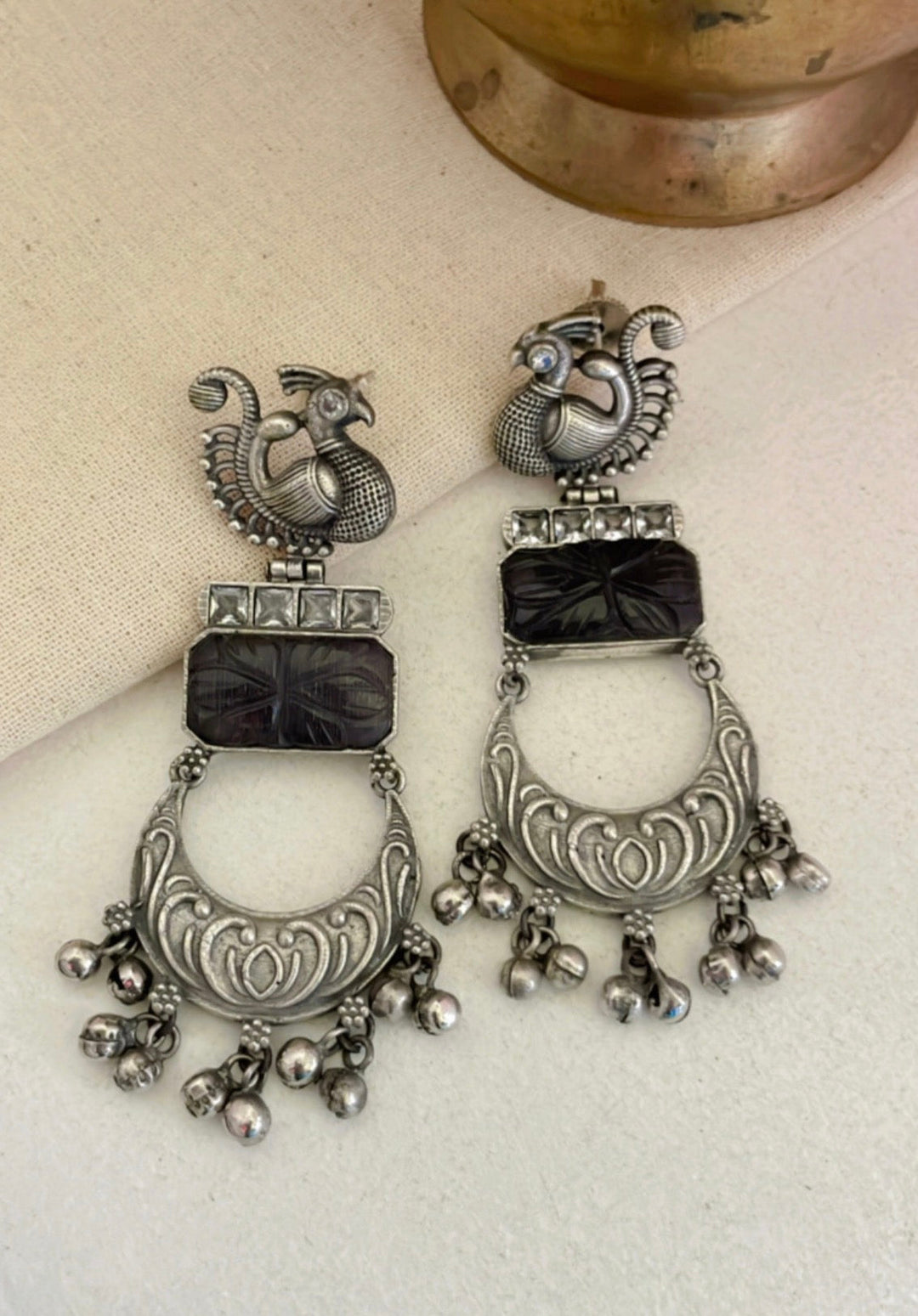 Madhu Earrings in Brass and Stone with Antique Silver Polish | SHOBITAM