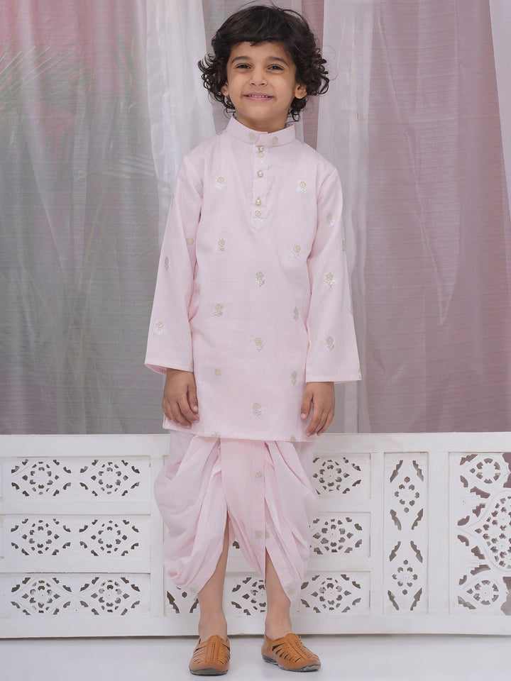 Boys Cotton Full Sleeves Kurta and Dhoti with Floral Zari Work - Pink | SHOBITAM