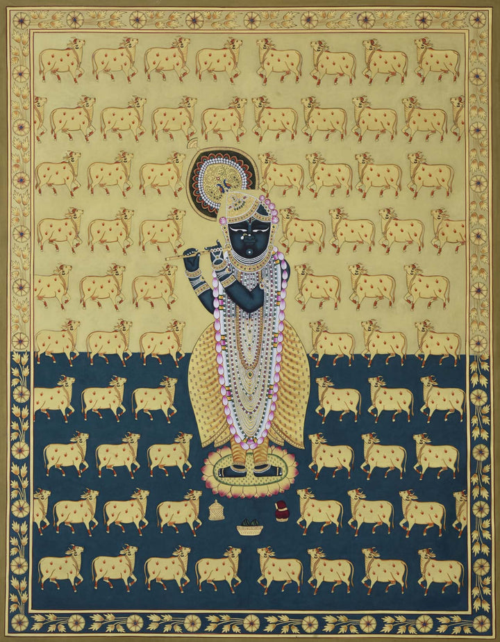 3x4 feet Authentic Jaipur Painting Shreenath Ji with Kamdhenu | SHOBITAM