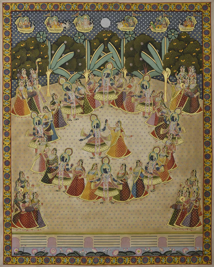 3.5 x 4.5 feet Authentic Jaipur Painting Shreenath Ji Raas Mudra  | SHOBITAM