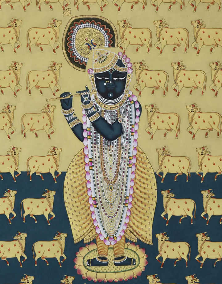 3x4 feet Authentic Jaipur Painting Shreenath Ji with Kamdhenu | SHOBITAM