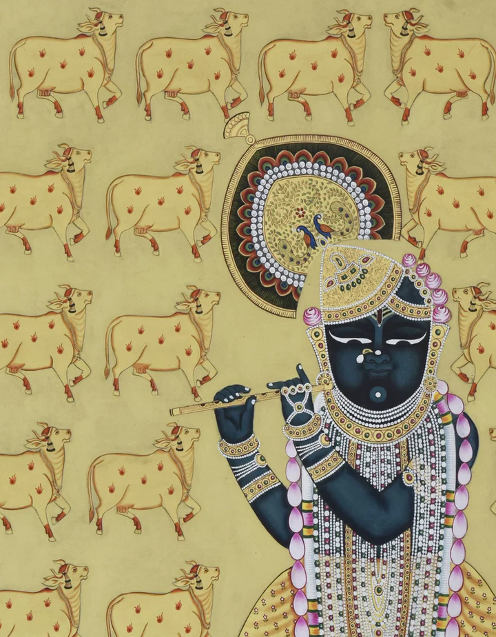 3x4 feet Authentic Jaipur Painting Shreenath Ji with Kamdhenu | SHOBITAM