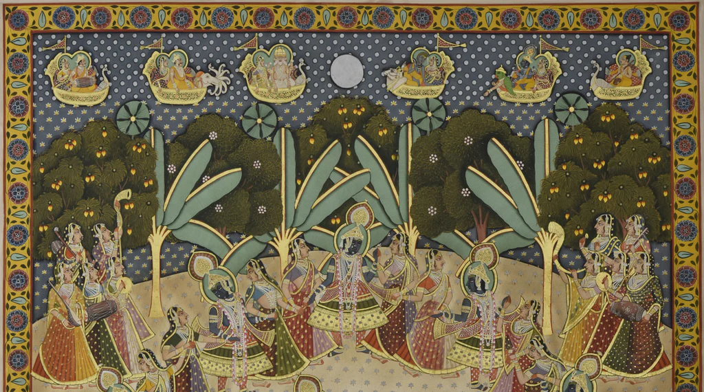 3.5 x 4.5 feet Authentic Jaipur Painting Shreenath Ji Raas Mudra  | SHOBITAM
