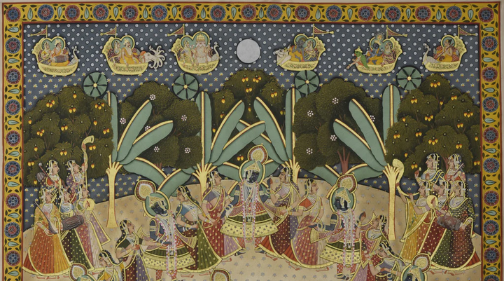 3.5 x 4.5 feet Authentic Jaipur Painting Shreenath Ji Raas Mudra  | SHOBITAM