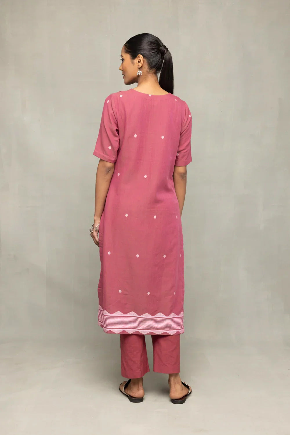 Dusty Rose Cross Motifs Jamdani Kurta Set With Dupatta | SHOBITAM