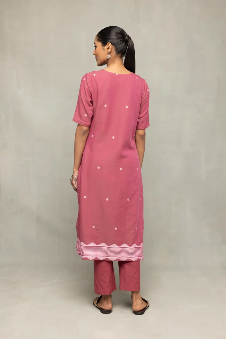 Dusty Rose Cross Motifs Jamdani Kurta Set With Dupatta | SHOBITAM