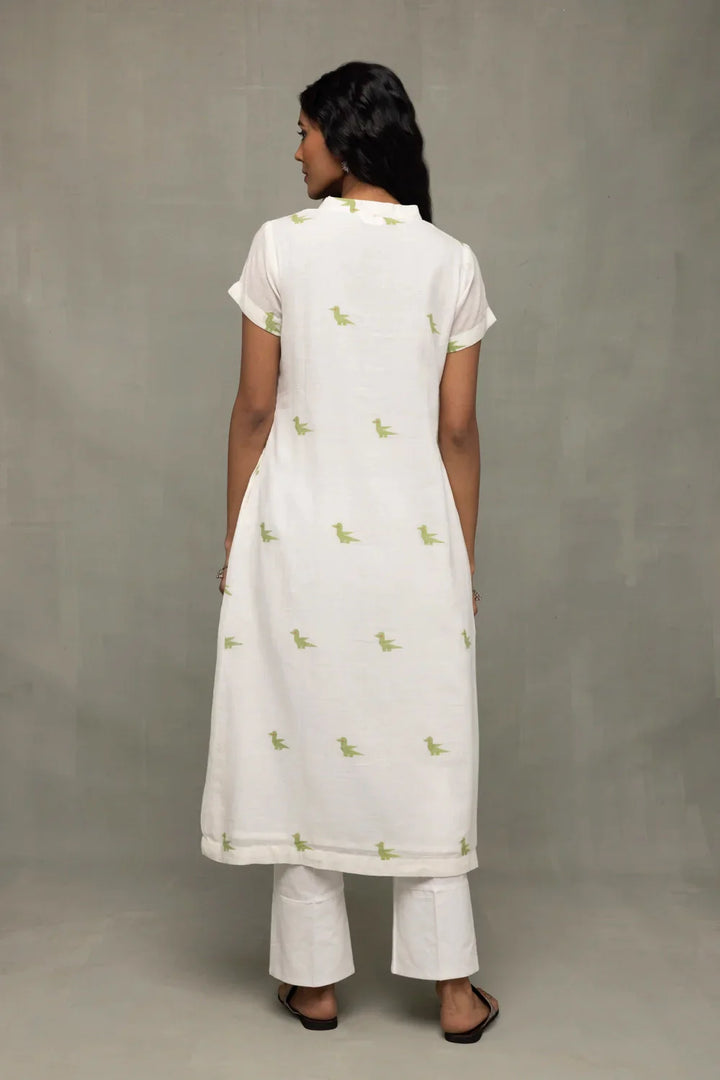 Ivory & Sage Green Bird Motif Jamdani Kurta Set with Dupatta | SHOBITAM