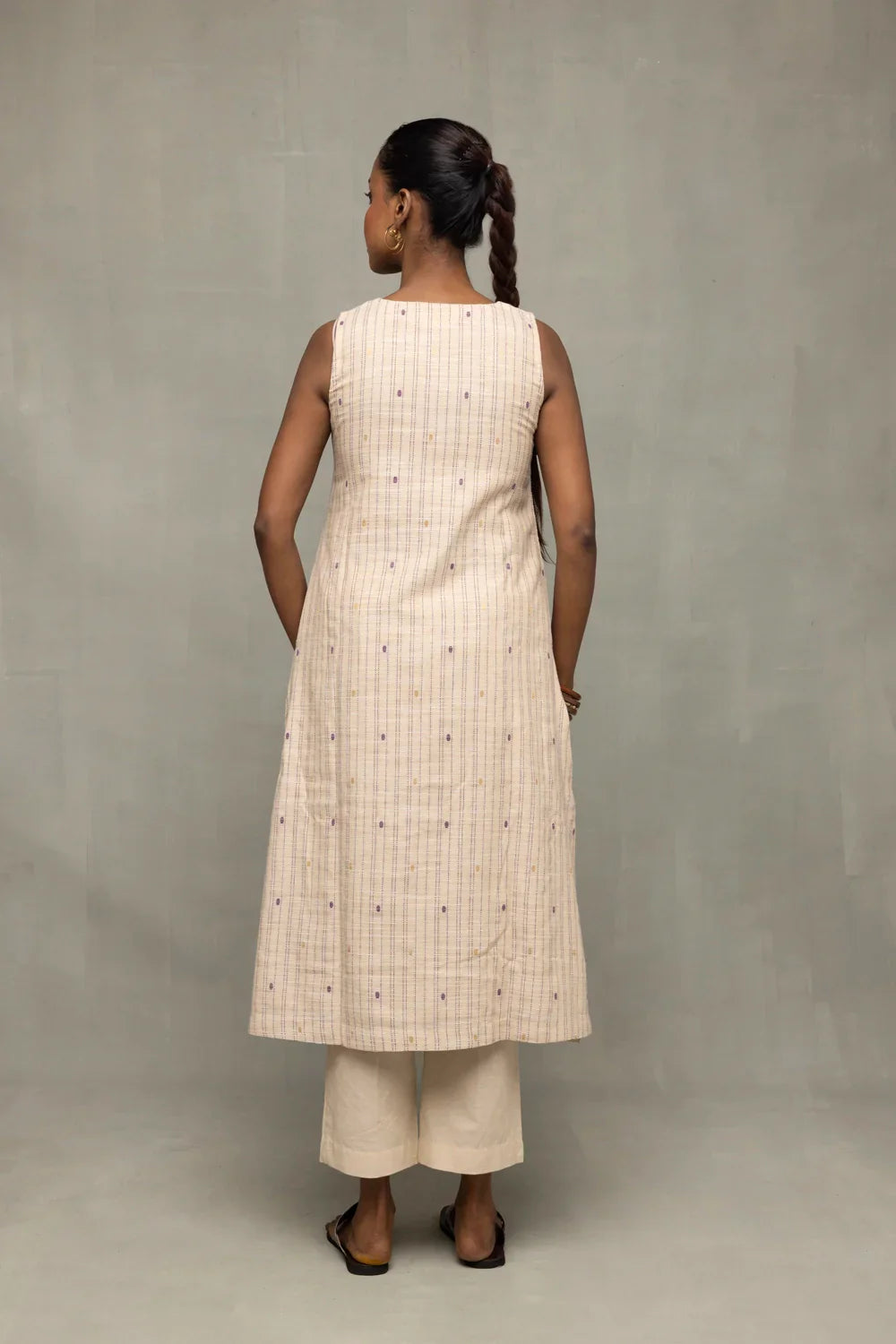 Cream and Mauve South Cotton Zari Kurta Set with Dupatta | SHOBITAM
