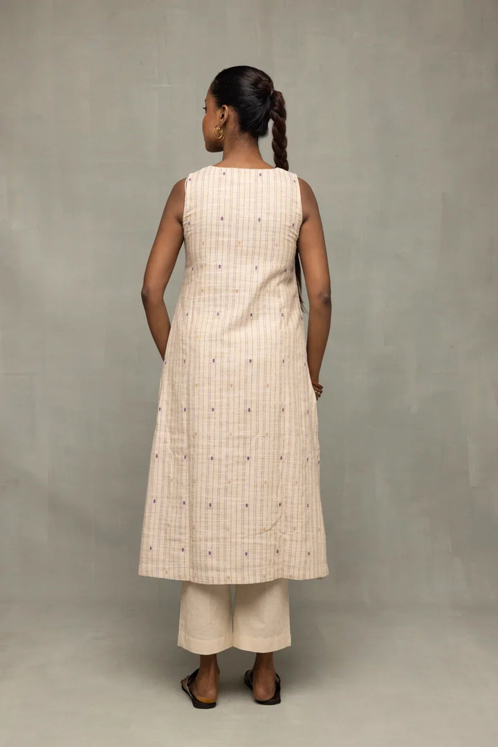 Cream and Mauve South Cotton Zari Kurta Set with Dupatta | SHOBITAM