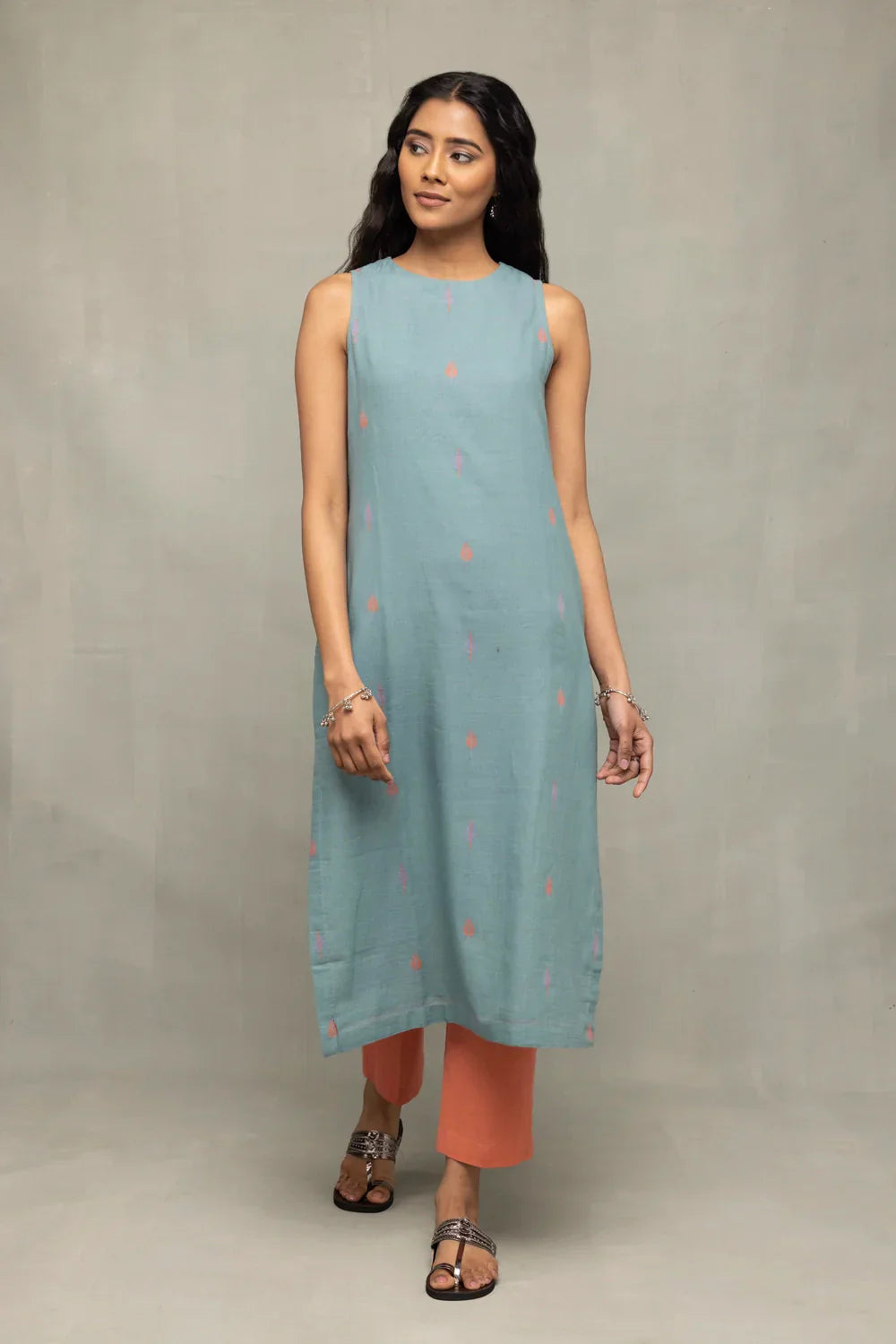 Zen Blue Straight Fit Jamdani Kurta Set with Tangerine Leaf Motif Dupatta | SHOBITAM