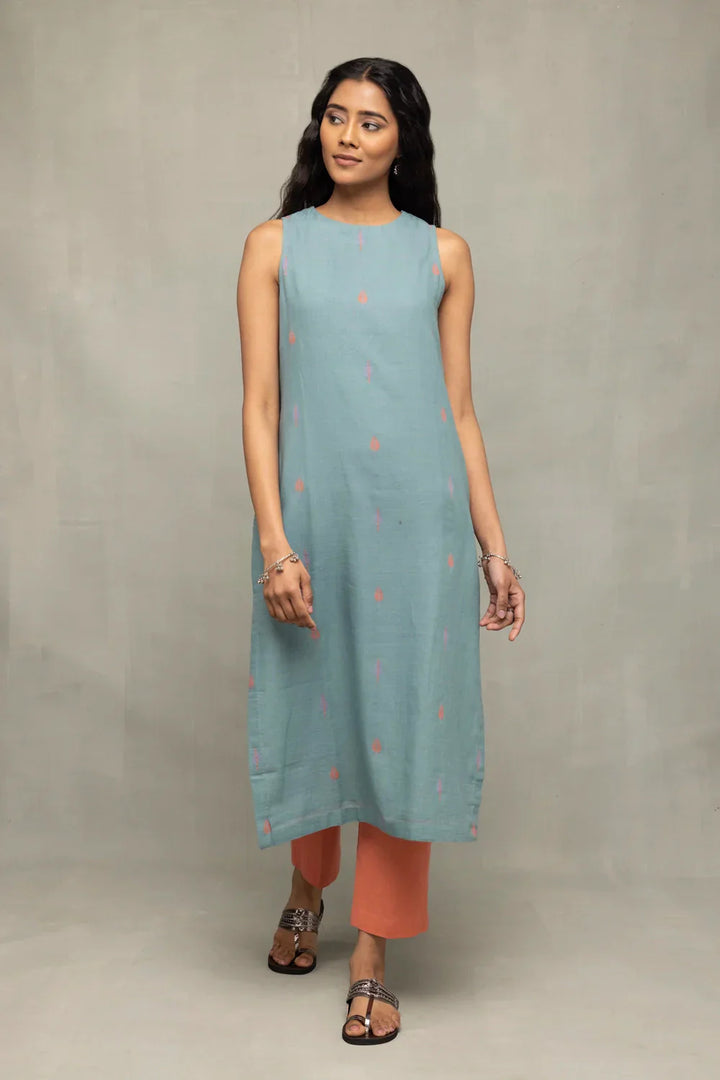 Zen Blue Straight Fit Jamdani Kurta Set with Tangerine Leaf Motif Dupatta | SHOBITAM
