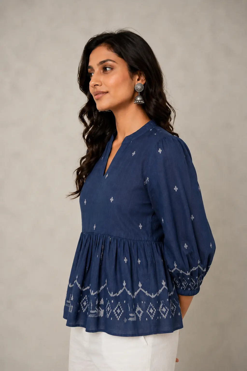 Handloom Indigo Jamdani Peplum Top | SHOBITAM
