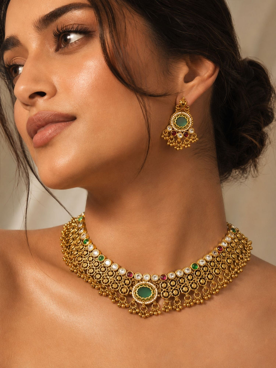 Green Stone Choker Necklace Set in Gold Plating – Bridal | SHOBITAM