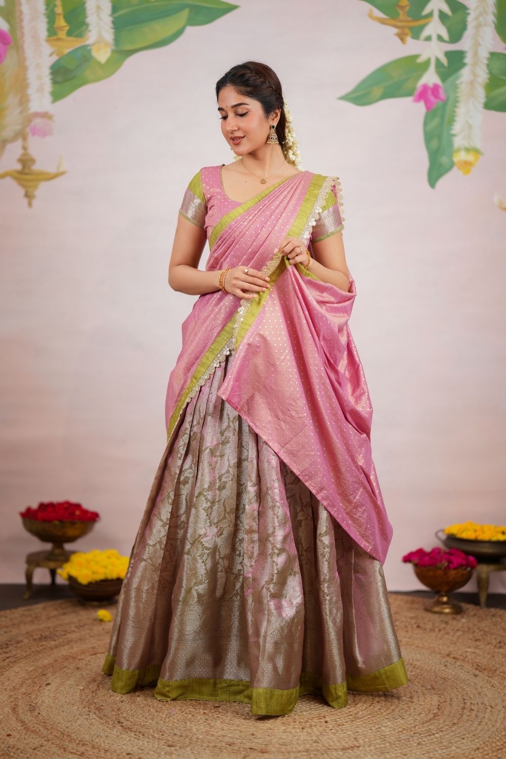 Nethra Pink with Green Halfsaree (Set of 3) | SHOBITAM