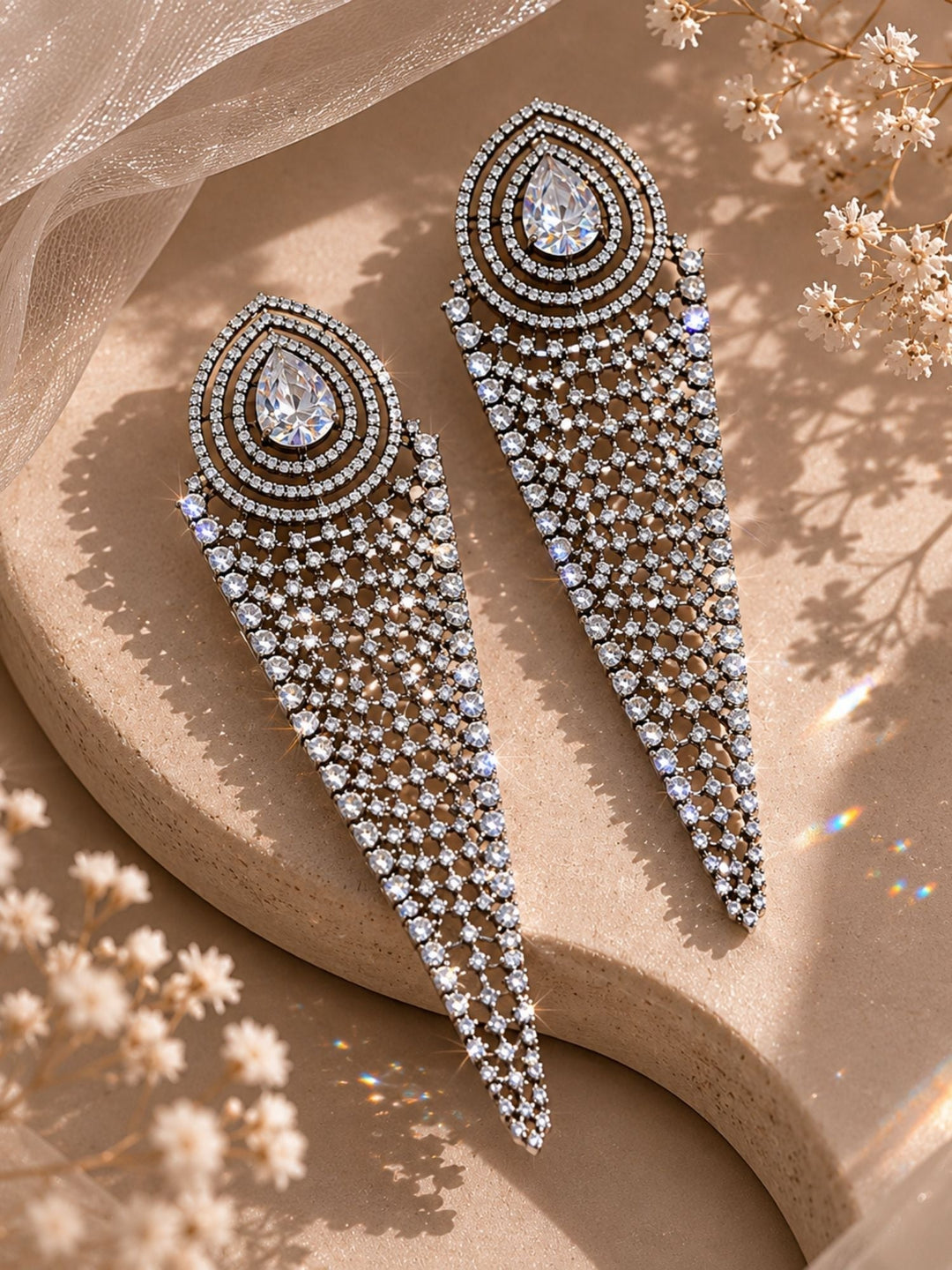 Silver CZ Long Statement Earrings – Diamond Look Party Wear | SHOBITAM