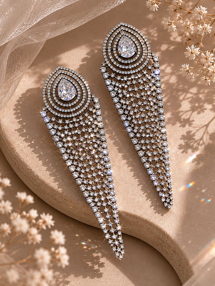 Silver CZ Long Statement Earrings – Diamond Look Party Wear | SHOBITAM