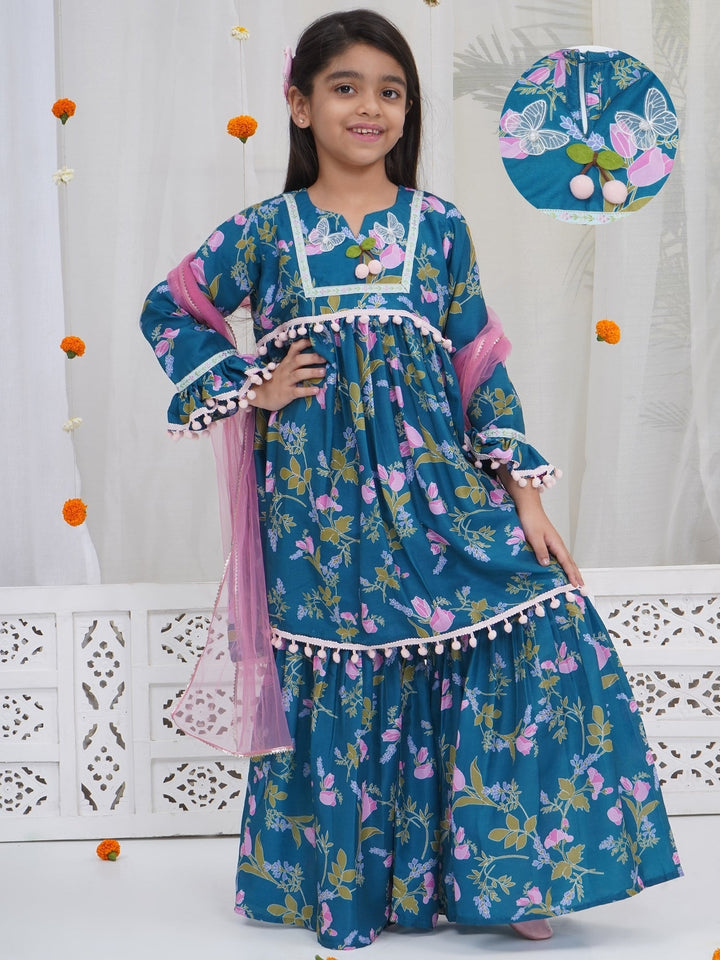 Girls Turquoise Green Muslin Tulip Kurta Sharara Set with Pom Pom Work and Dupatta | SHOBITAM