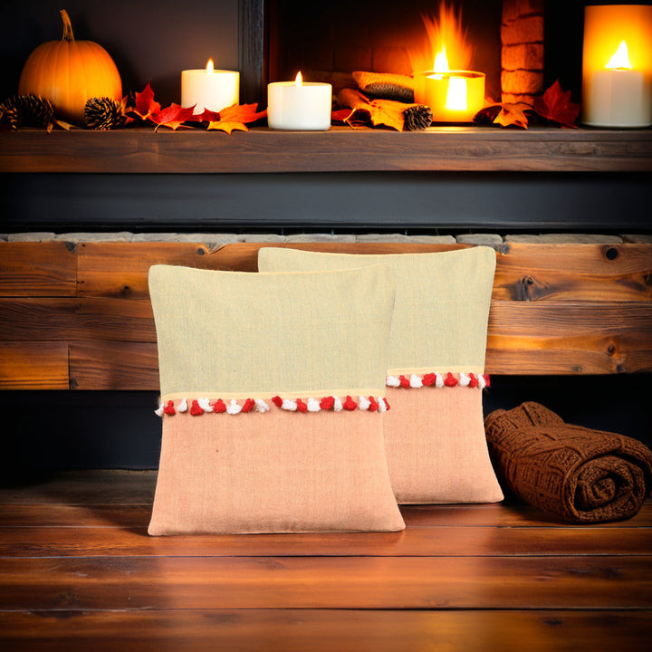 Peach Yellow Cotton Cushion Cover with pompoms - Pack of 1 | SHOBITAM