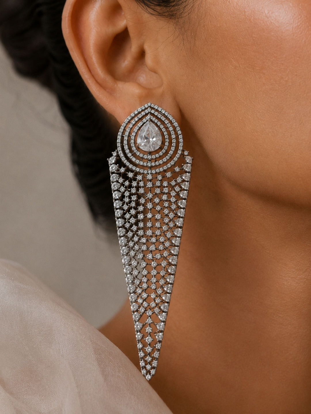 Silver CZ Long Statement Earrings – Diamond Look Party Wear | SHOBITAM