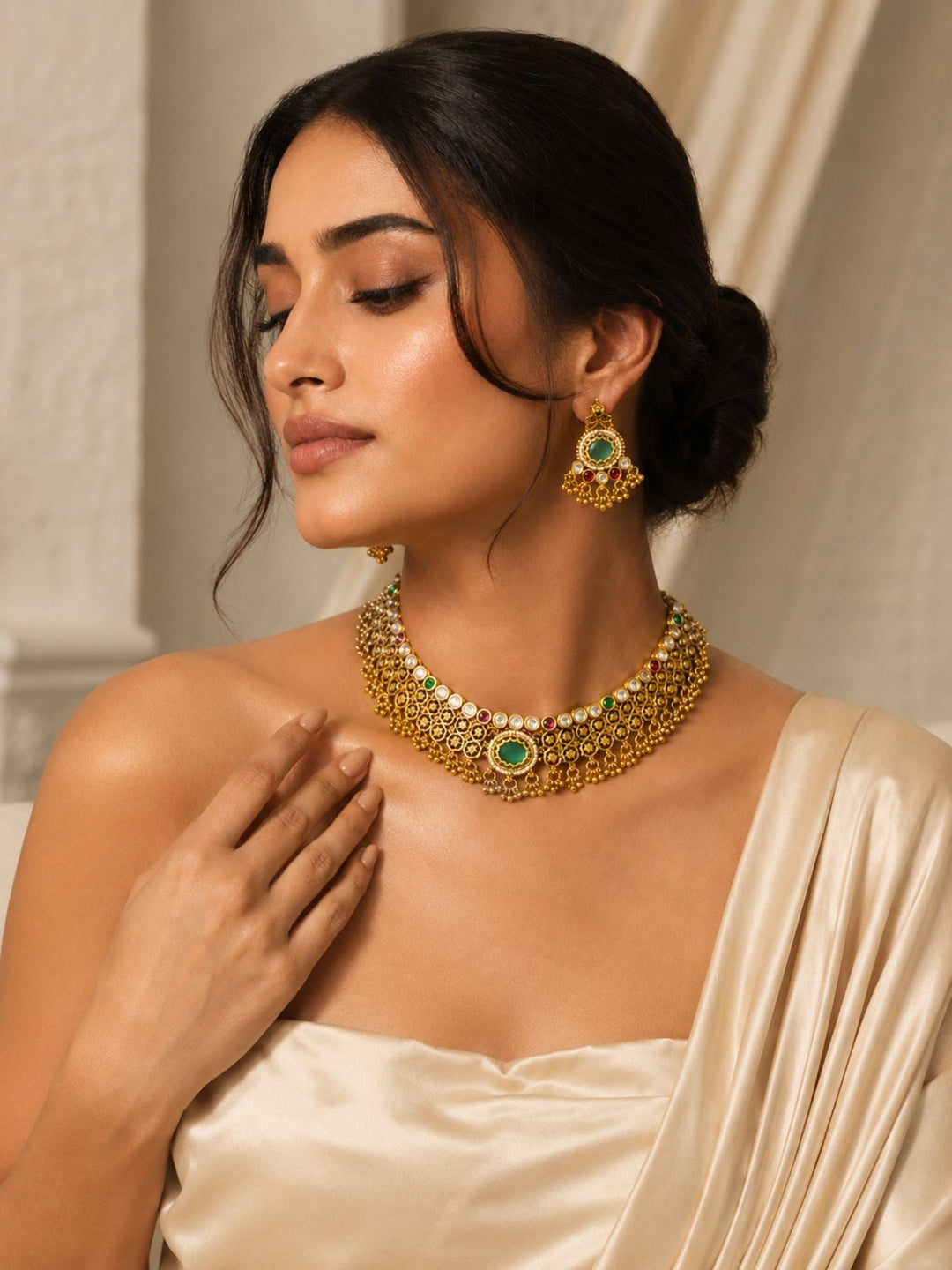 Green Stone Choker Necklace Set in Gold Plating – Bridal | SHOBITAM