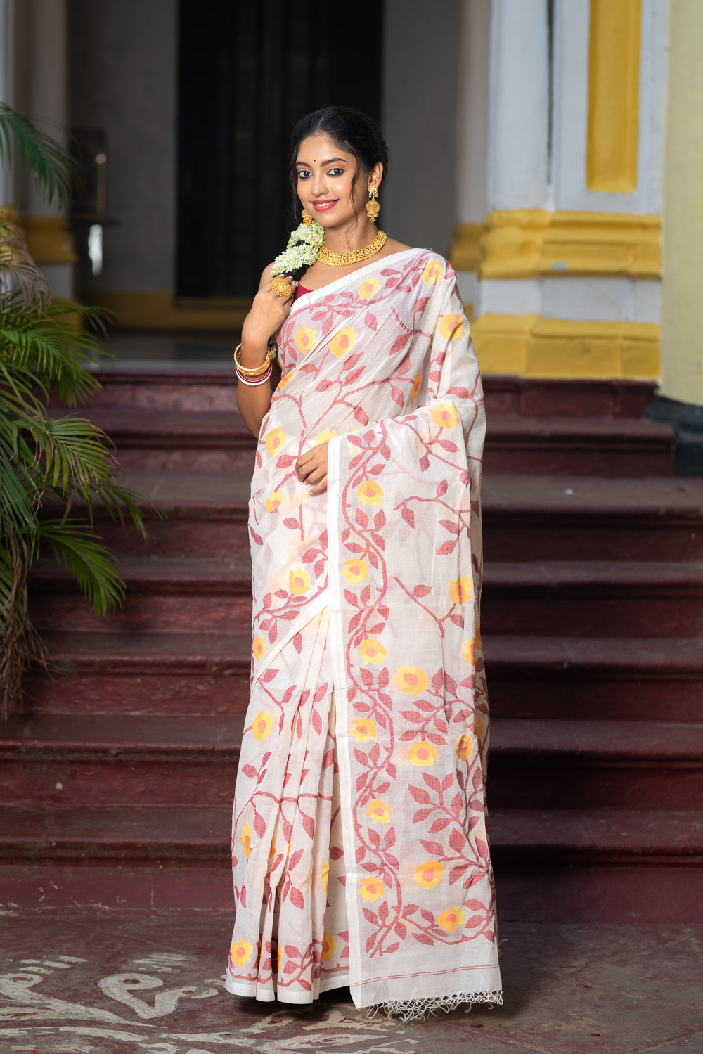 Handloom White & Red Pure Cotton Yellow Floral Motifs Jamdani Saree | SHOBITAM
