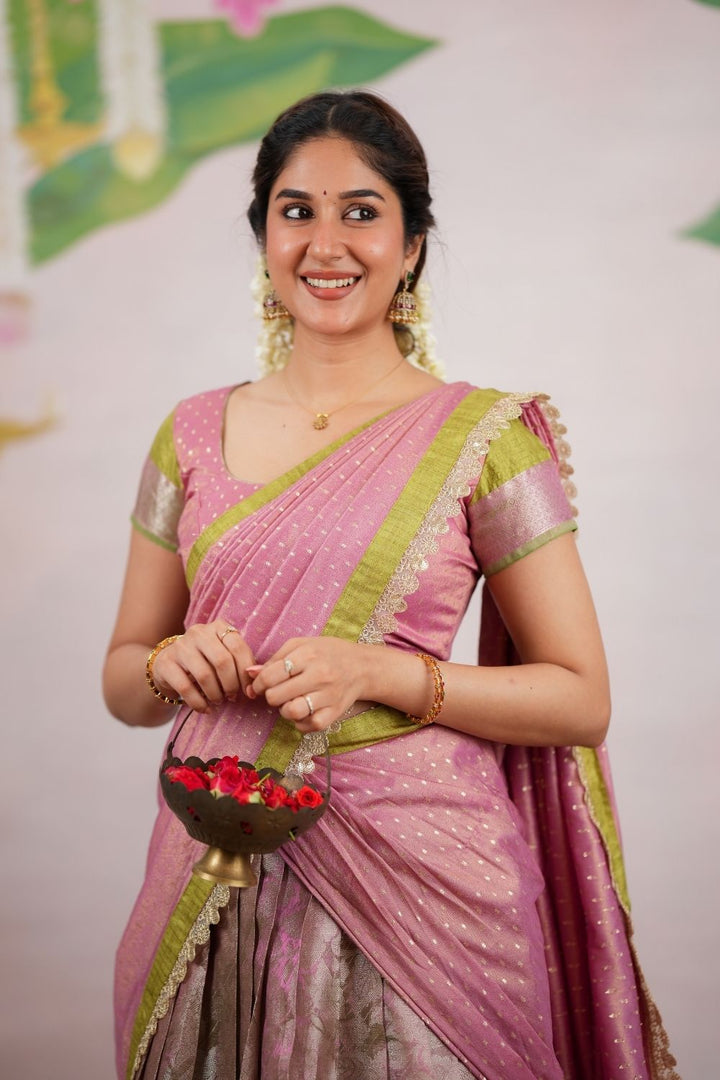 Nethra Pink with Green Halfsaree (Set of 3) | SHOBITAM