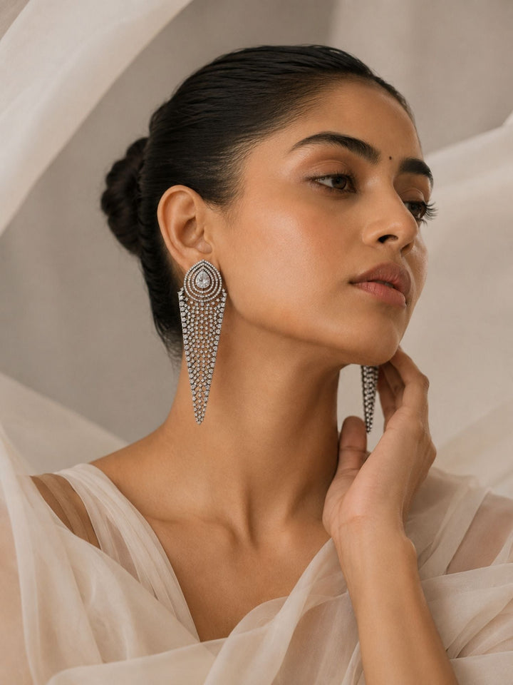 Silver CZ Long Statement Earrings – Diamond Look Party Wear | SHOBITAM